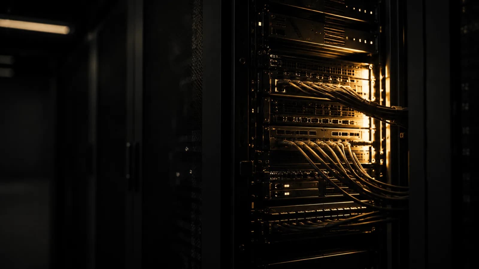 A dark server rack at an angle with one panel open and glowing warm gold from inside